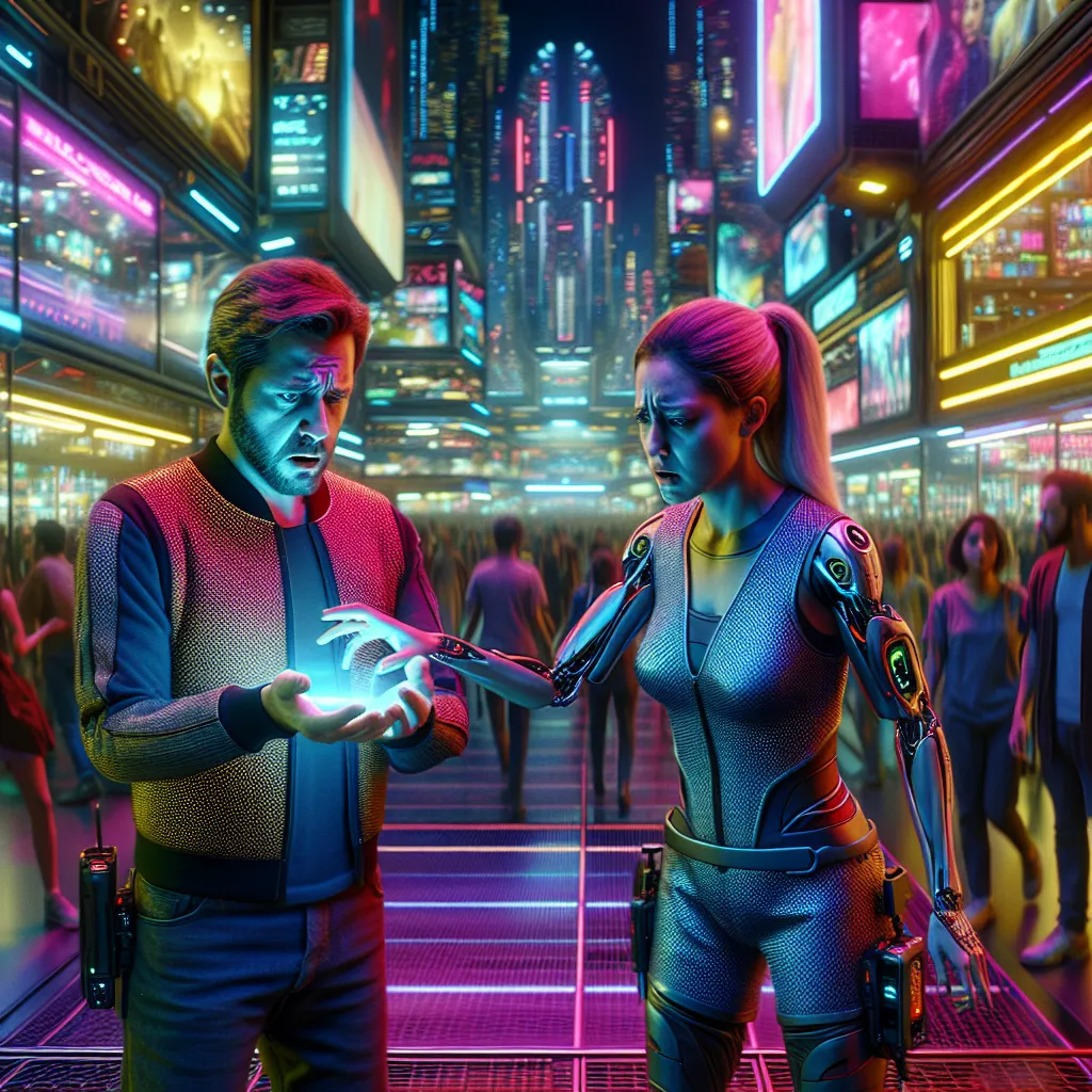 A confused man and his sister, trapped in a paradoxical body swap caused by a malfunctioning reality remote, navigate the bustling neon-lit mall of Kallon Prime in search of answers and a way to restore their identities.