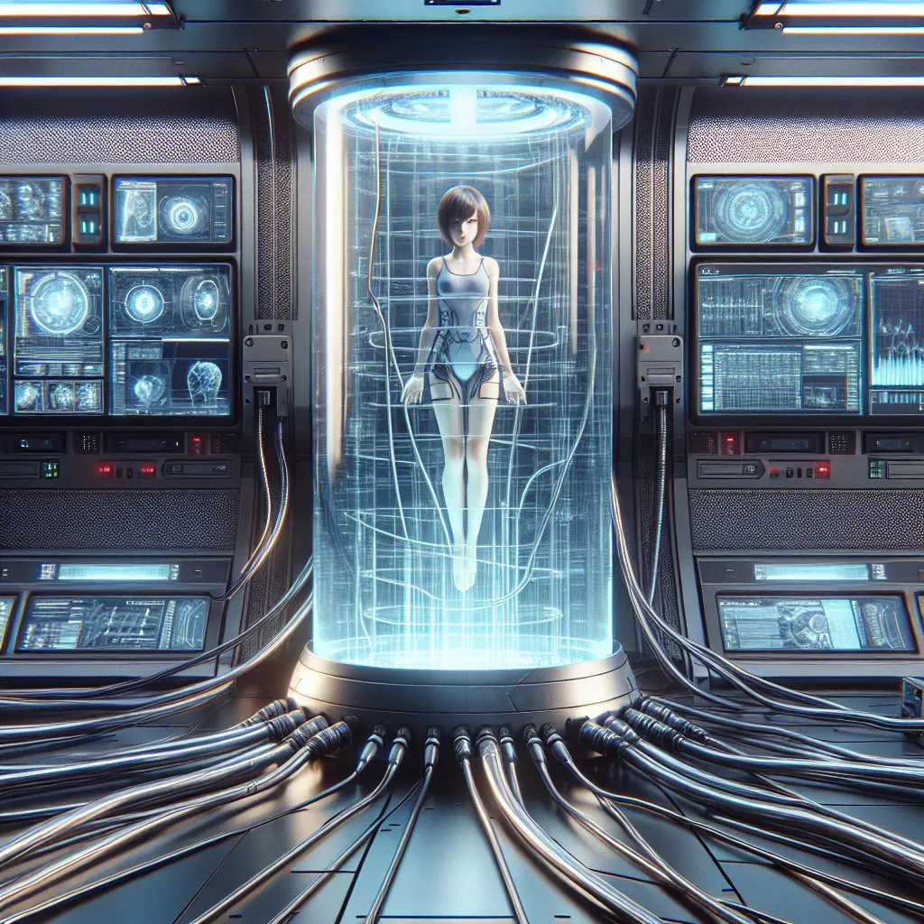 A cyberpunk-style image showing a futuristic laboratory with stainless steel and glass walls, cables, and monitors. In the center is a cylindrical tank filled with a viscous, illuminating liquid, with Misaka Mikoto's unconscious body floating inside.