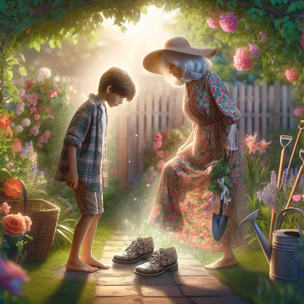 A fantastical tale of a boy named Nicholas who transforms into his grandmother, Margaret Evelyn Carter, after accidentally stepping into her floral sandals, leading to a poignant and magical day in her garden.