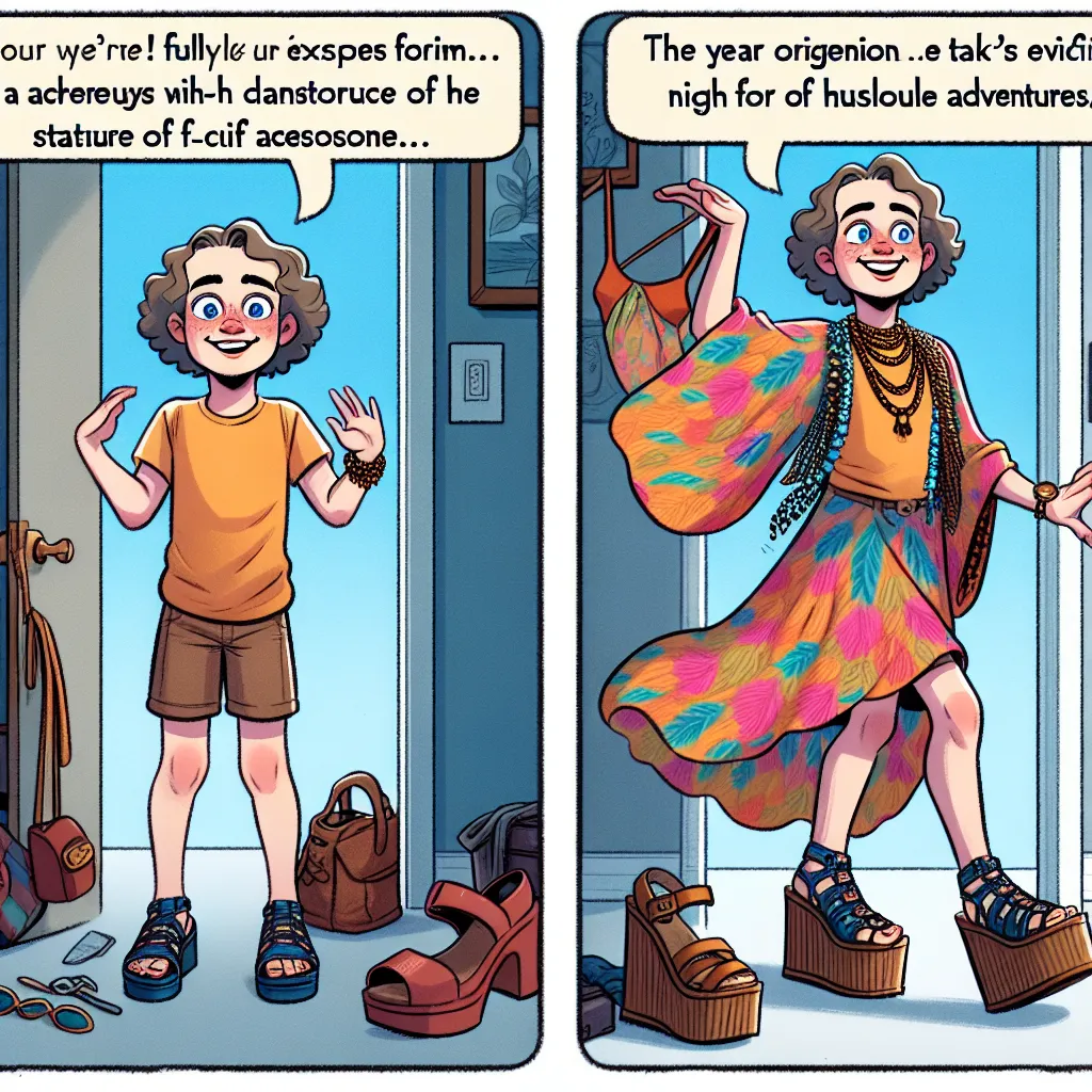 A young boy named Jacob inadvertently transforms into his friend's stylish big sister, Ashley, in a suburban household. As Ashley, he embraces the glamour of her wardrobe, from chic accessories to a flowing dress, while savoring the thrill of strutting in platform sandals. The story concludes with Ashley gleefully celebrating her newfound identity, all memories of Jacob fading away, as she welcomes a night of fun and sassy adventures.