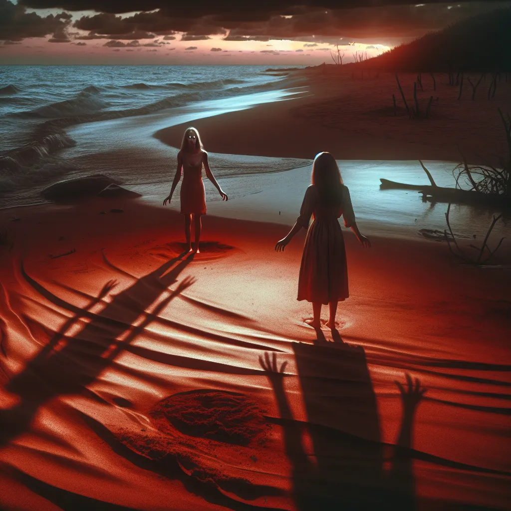 Description: An image for the horror story "Siren Sands: A Twisted Beach Transformation". The image depicts a deserted beach at sunset, with eerie lighting casting long shadows on the sand. In the foreground, a young woman is seen standing alone, her body language reflecting confusion and despair. The atmosphere is unsettling, hinting at the sinister transformation and torment that awaits her.
