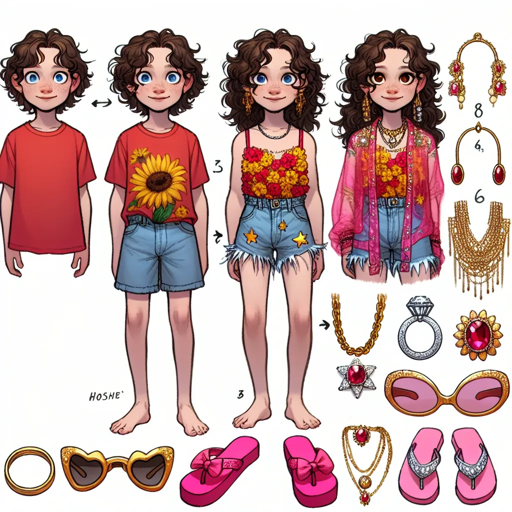 The image that will accompany this story is a visual representation of Benjamin's transformation into the woman resembling Rosa. The image shows a young boy with light brown, short wavy hair and blue eyes gradually transforming into a woman with long, black, curly hair, dark brown eyes, and features resembling Rosa. The woman is shown wearing a bright red tank top with yellow flowers, denim shorts with frayed edges and a star pattern, pink flip flops with bows, oversized sunglasses with a pink t