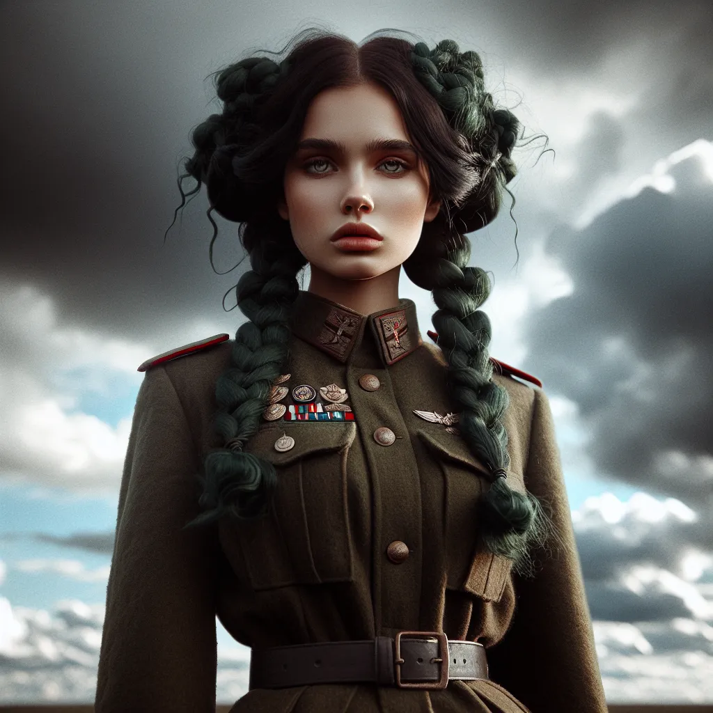 An image depicting a young girl with dark green braided hair, wearing a military uniform and standing amidst clouds in a war-torn sky. The girl's expression is serious and determined, reflecting the challenging journey she is about to embark on.