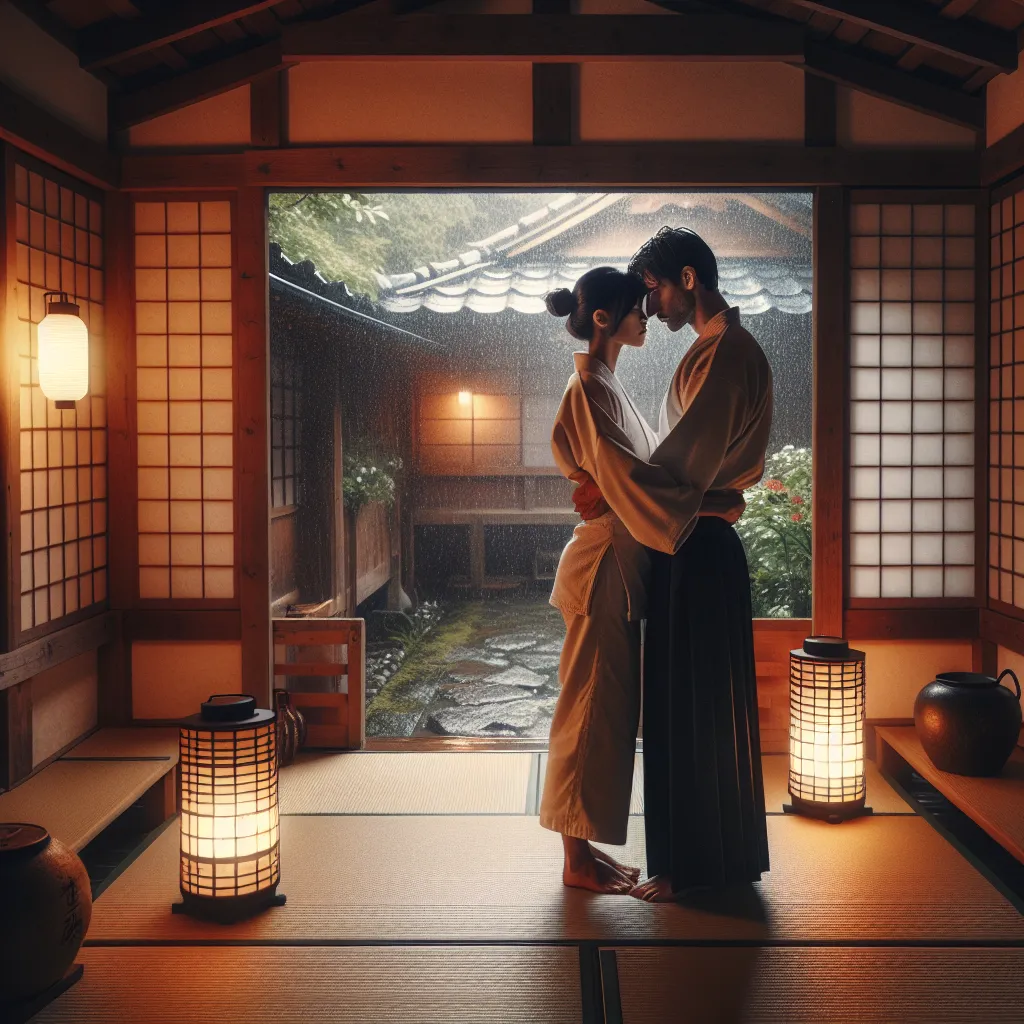 A romantic moment in a small dojo as a couple share a charged embrace amidst lantern light and rain outside. She feels captured by his touch, a storm of surrender brewing within her.
