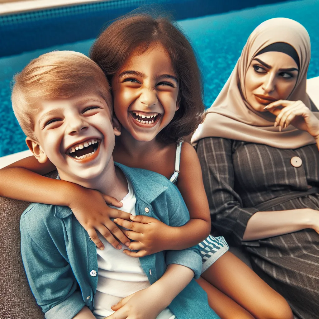 An image that conveys the story could be a young boy and his female friend playing by a pool, with a woman lounging nearby. The boy's face should express confusion and distress, while the woman should wear a cunning expression. The image should capture the innocence of childhood and the sinister presence of the aunt, as well as the tethered bond between the boy and his friend.