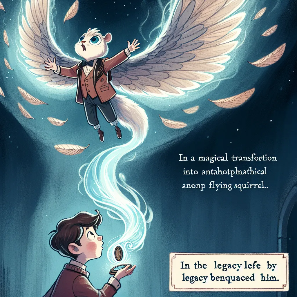 A young boy named Timmy undergoes a wondrous transformation into an anthropomorphic flying squirrel using an invention left behind by his deceased father. With newfound wings and heightened senses, Timmy takes flight, soaring through the night sky and embracing his father's legacy.