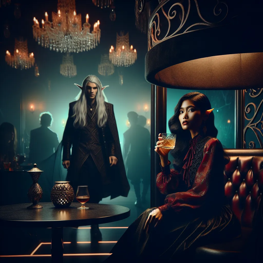 A young nightclub owner sits alone in her shadowy booth with a glass of whiskey, awaiting the arrival of an enigmatic elf man. As he enters the club, their worlds collide, and she must decide whether to embrace the vulnerability and hope that his presence brings.