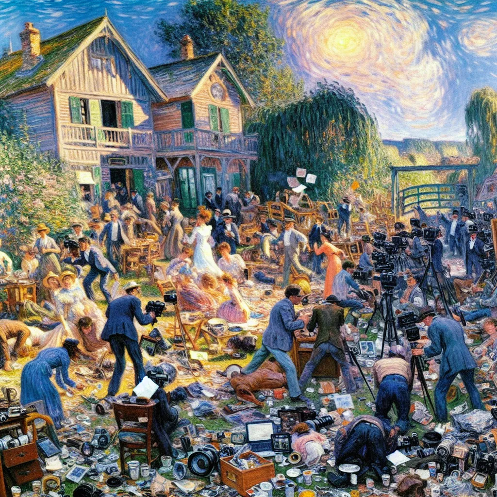 chaos, cloning, mishap, family, laughter in the style of Monet