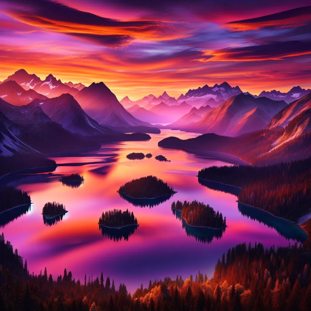 A serene sunset over a mountain range, with vivid colors reflecting off a calm lake in the foreground, creating a picture-perfect landscape.