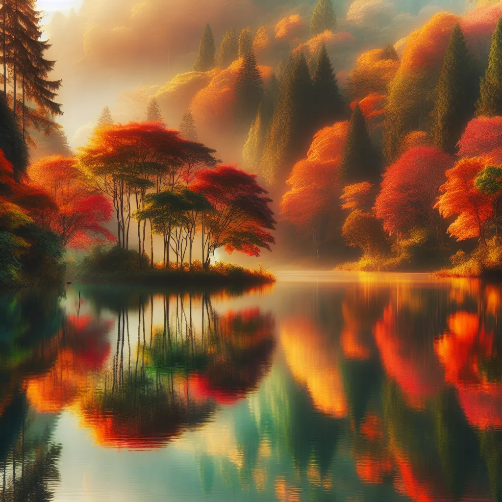 A serene autumn landscape with colorful trees reflected in a peaceful lake.