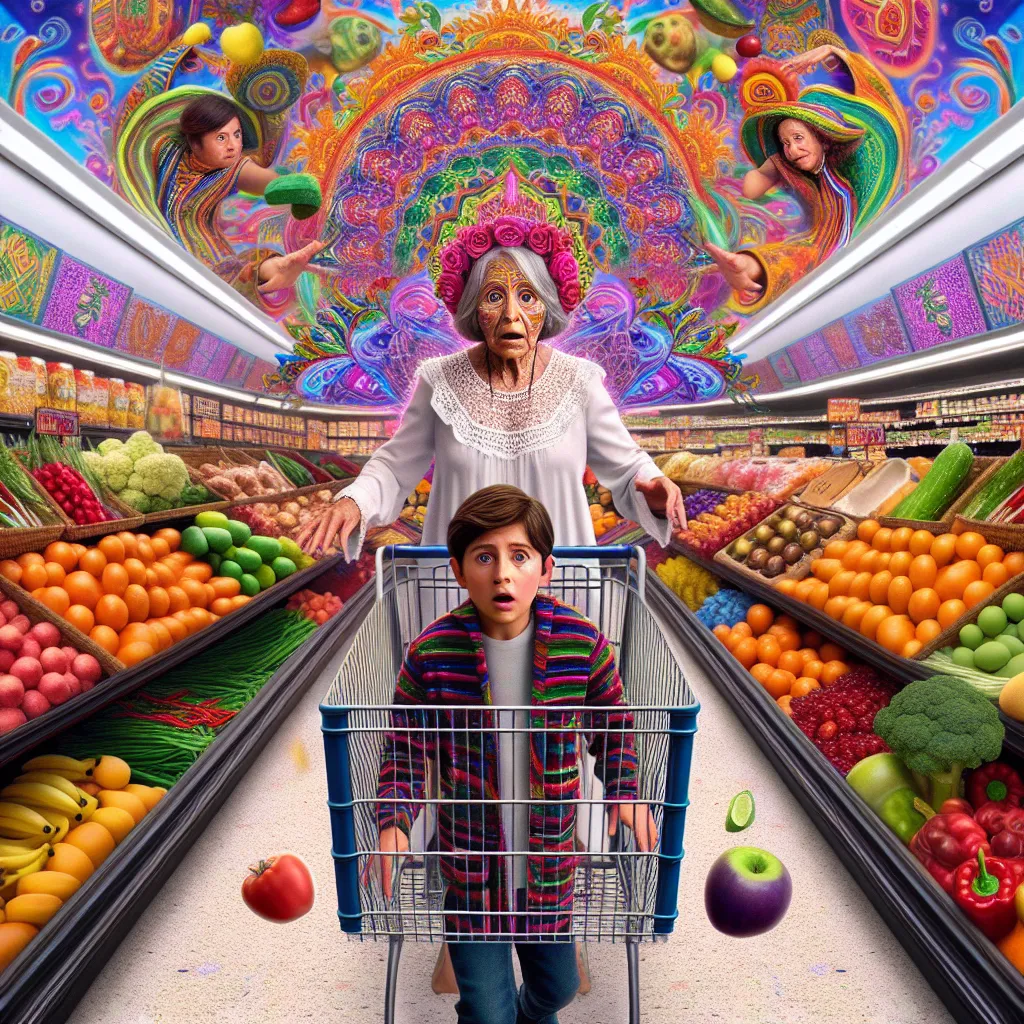 A surreal story of a boy named Jack who swaps lives with an older Mexican woman named Consuela at a grocery store. The image could show Jack, now transformed into Consuela, navigating her new life with confusion and wonder, surrounded by unfamiliar objects and a colorful, vibrant environment.