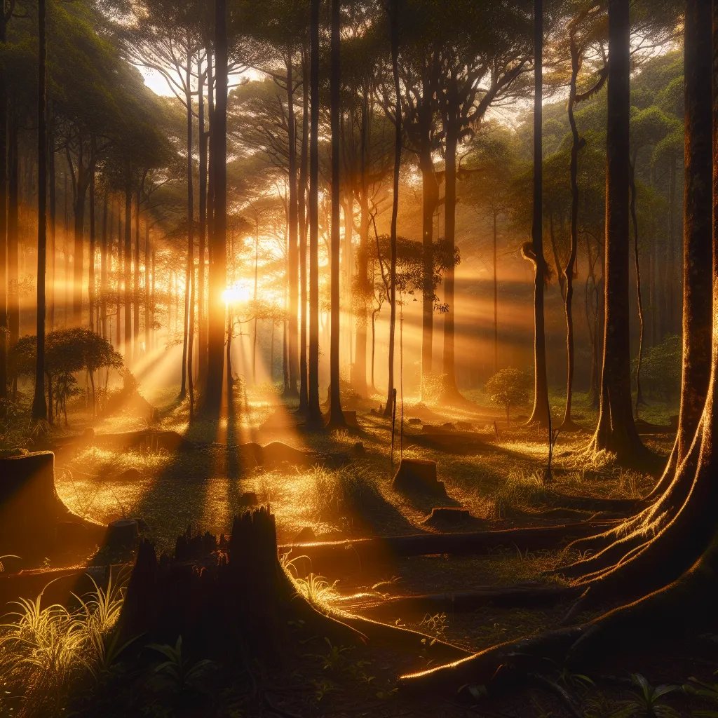 A serene forest scene at dusk, with rays of golden sunlight filtering through the trees and casting an enchanting glow.