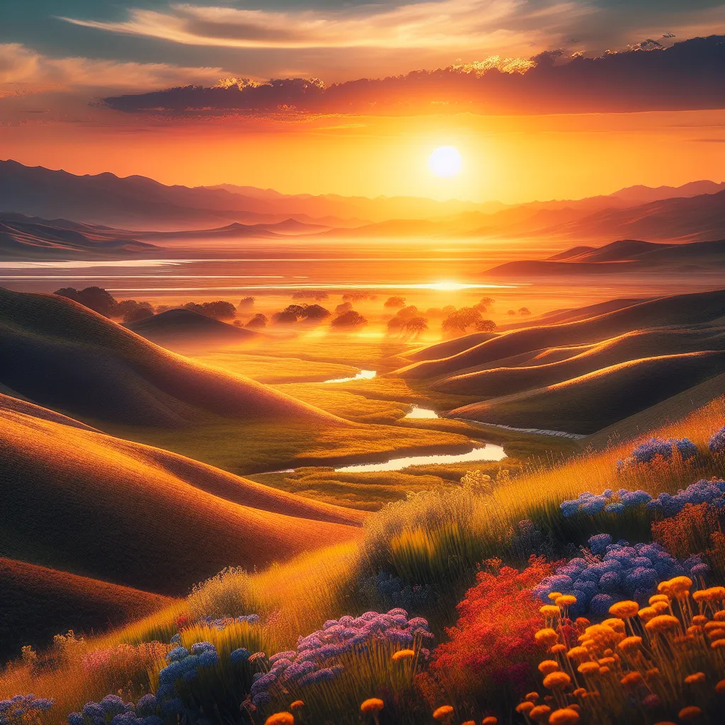 In the image, we see a stunning sunset over a vast, serene landscape. The golden hues of the sun gradually merge with the soft blue of the sky, creating a captivating display of colors. The landscape consists of rolling hills, dotted with clusters of vibrant wildflowers. A small, winding river cuts through the scene, reflecting the warm glow of the setting sun. The overall ambiance is one of tranquility and natural beauty, invoking a sense of peacefulness and awe.