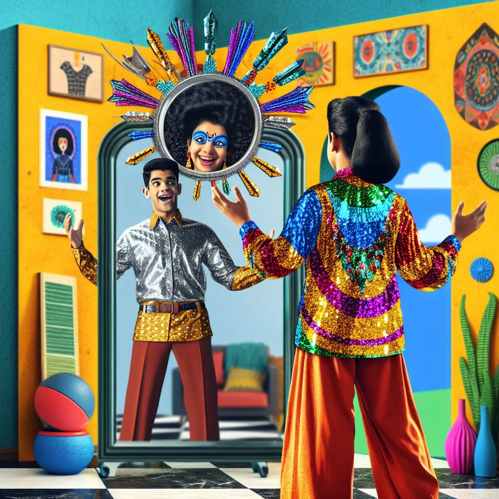 A humorous and quirky story about a teenage boy coming home to find his best friend magically transformed into his mom. The image should capture the absurdity of the situation, with the mom posing in front of a mirror in her fancy yoga outfit while the boy looks on in shock and disbelief.