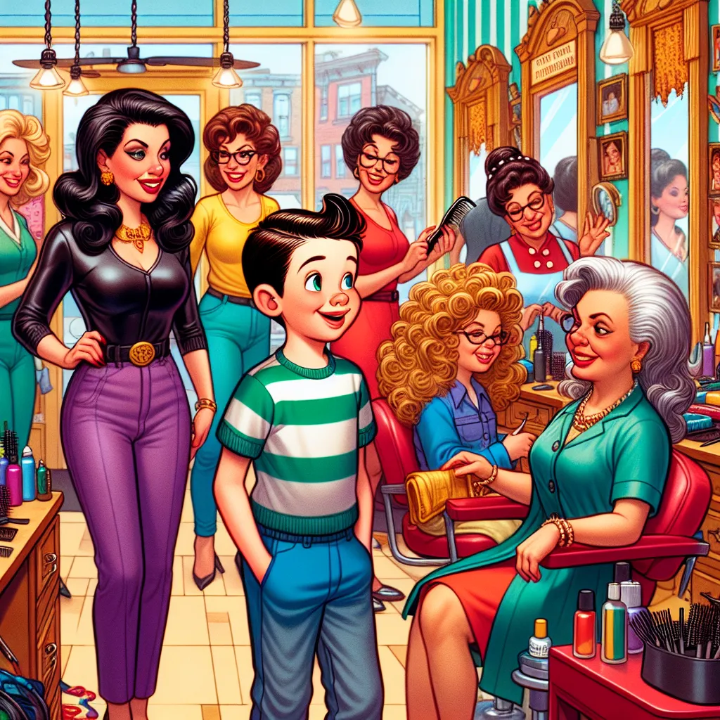 A young boy, Timmy Thompson, embarks on a magical journey at an Italian American salon, resulting in a transformation into an Italian woman named Sophia. She confidently runs the salon and interacts with her fellow Italian American women, showcasing her assertive personality.