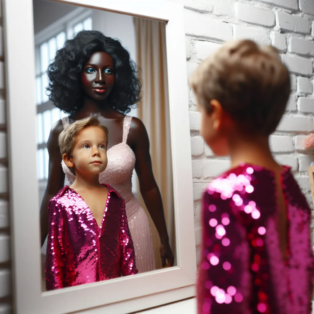 An eight-year-old boy wearing a pink sequin dress stands in front of a mirror, his face transformed into that of a proud black woman. Confusion and fear fill his eyes as he tries to make sense of the strange body he now occupies.