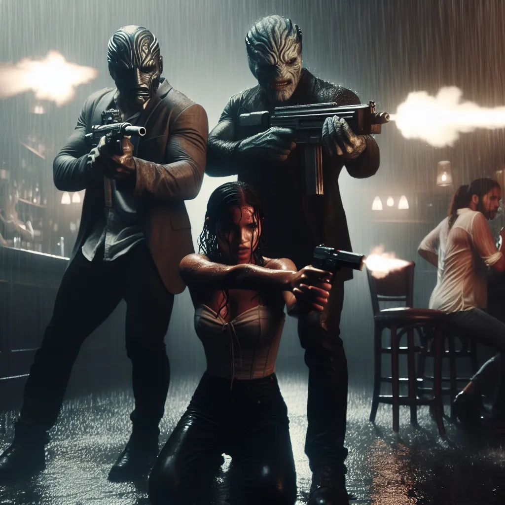 An intense thriller scene unfolds in a dimly lit bar, where mutant Laura Kinney, aka X-23, faces a dangerous showdown alongside her father, Wolverine, and ally Carla Dominguez. Claws and gunfire clash as they stand united against a looming threat in the rain-soaked night.