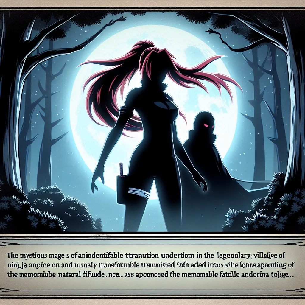 A spooky image of Naruto Uzumaki undergoing a sinister gender transformation in the moonlit forest of Konoha. The once familiar features of Naruto melt away, replaced by a feminine form, including long red hair and small, firm breasts. As the transformation takes hold, Naruto's panic turns to acceptance, embracing her new identity as Naruko Uzumaki, a formidable kunoichi with a strong resemblance to her mother.