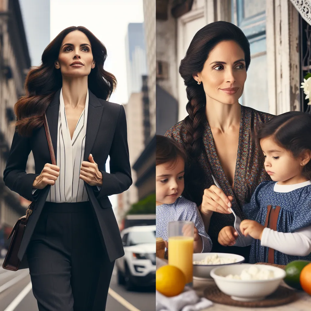 In this image, we see a confident and successful woman named Darian, dressed in a tailored blazer, walking through the bustling streets of the metropolis Nova Epine. She is determined and focused, ready to close a business deal that could reshape her company's future. At home, her spouse Oliver, wearing a flowing blouse and with beautifully braided hair, is preparing breakfast for their children. The family exudes love, respect, and a sense of balance, embodying the harmony of their matriarchal 