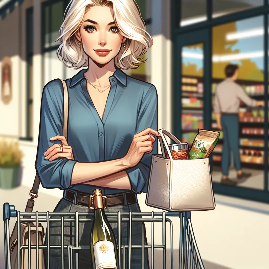 The image accompanying this story is of a blonde woman in her early forties, wearing a blue blouse and carrying a purse, standing in front of a grocery store. She is holding a shopping cart with a few items, including Chardonnay and organic snacks.