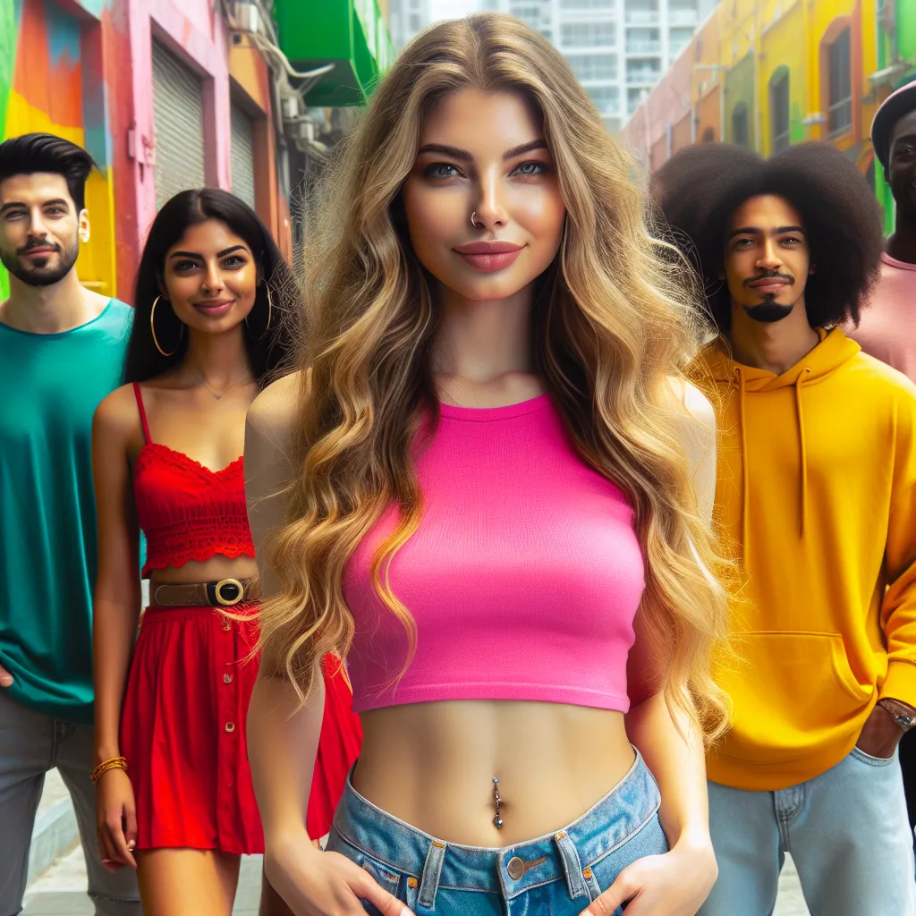 In the image, a young woman named Emily, with long wavy blonde hair and wearing a pink crop top, stands confidently with her hands on her hips. She is surrounded by a diverse group of friends in a vibrant city setting.