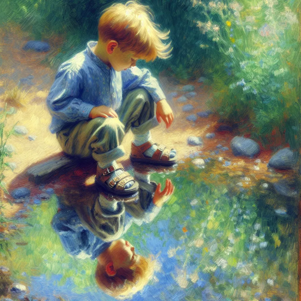 Boy, Birthday, Hair, Reflection, Sandals in the style of Monet