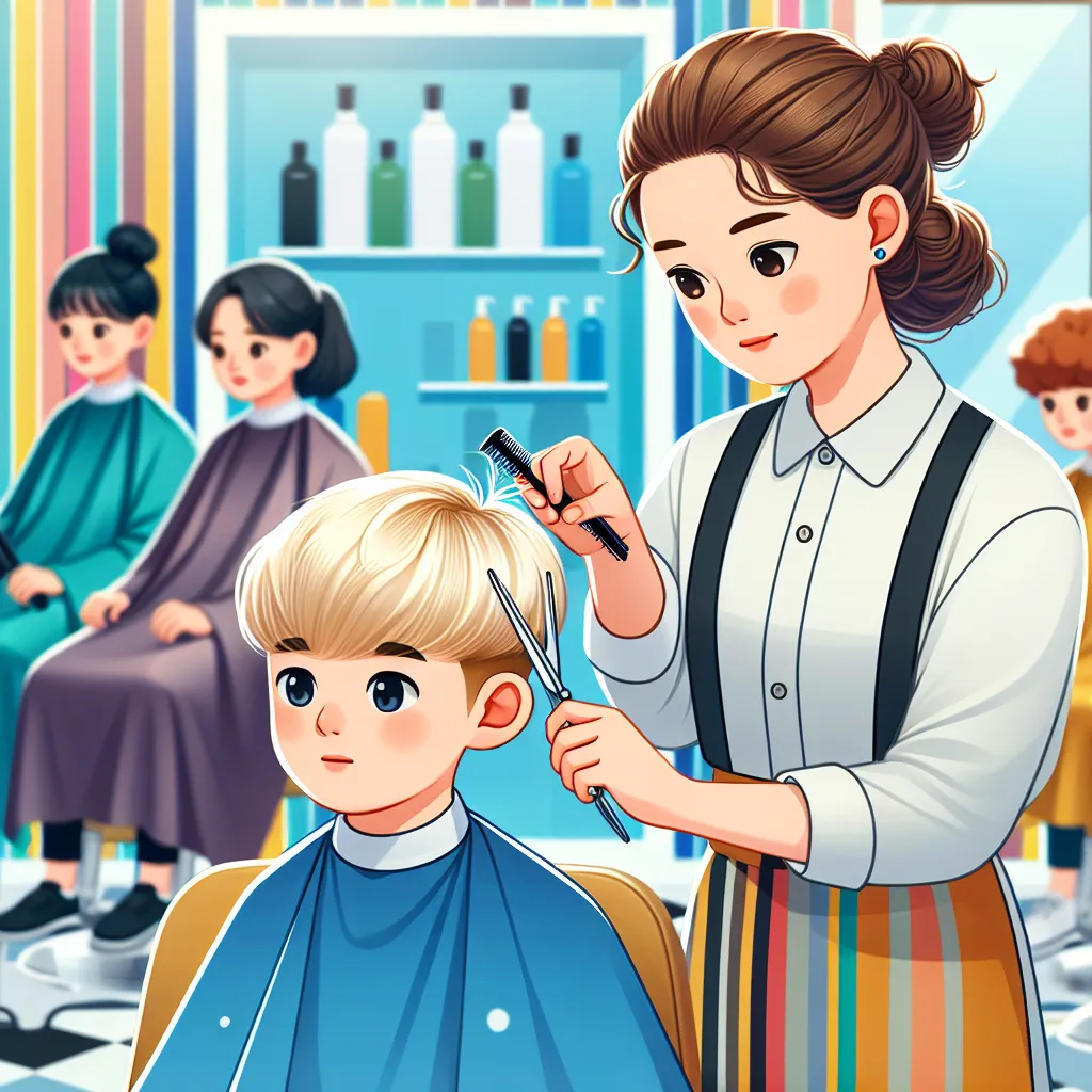 A young boy named Timmy visits a Korean salon for the first time to get a haircut. The image shows Timmy sitting in a chair while a Korean woman named Mi-kyung trims his blond hair. In the background, four other Korean women, named Sun-hee, Hye-jin, Soo-jin, and Ji-woo, are busy with various tasks. The salon is colorful and vibrant, portraying a warm and friendly atmosphere.