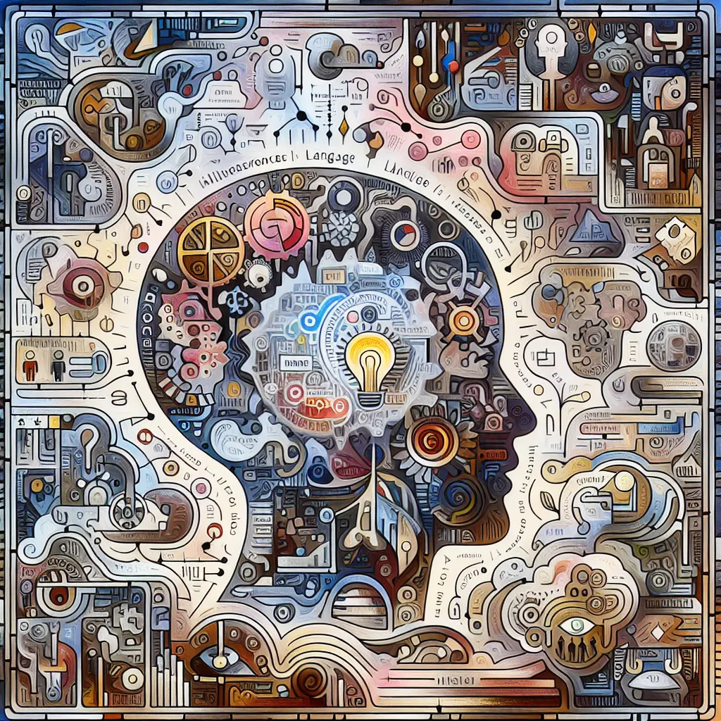 A visually abstract representation of language's influence on thought, individual identity, and societal power dynamics. The image portrays different elements of language, such as words, metaphors, and linguistic structures, interacting with individual minds, cultural symbols, and social structures. It visually captures the dynamic relationship between language and thought, highlighting the ways in which language shapes perception, reflects cultural values, and influences personal identity and s