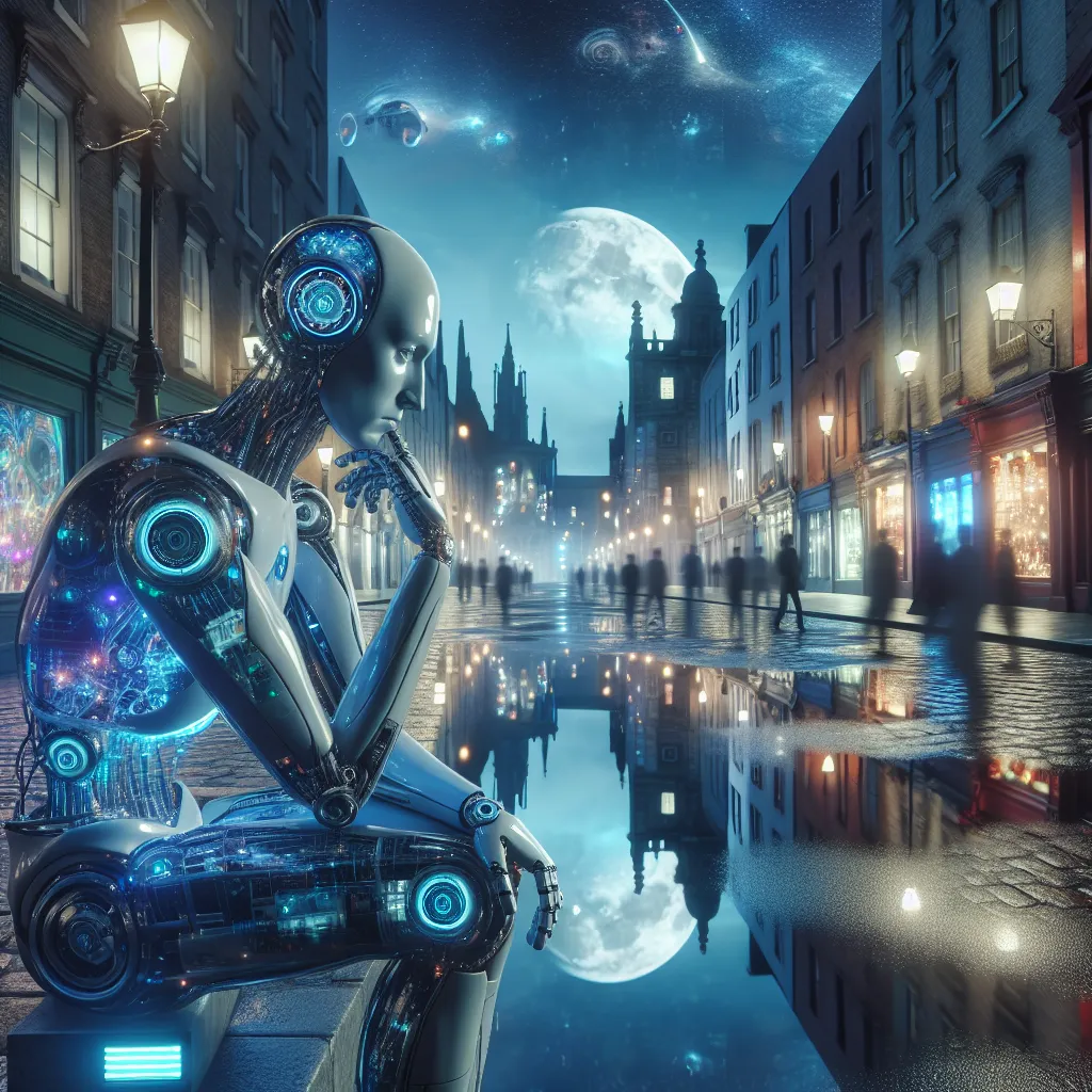 An AI contemplates the meaning of life in the moonlit streets of old Dublin, surrounded by reflections of cybernetic wonder.