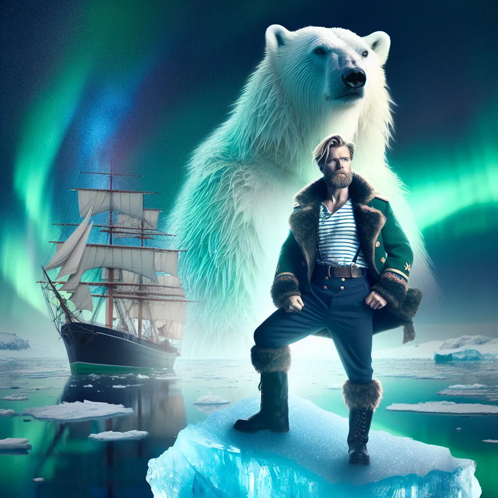 An image of Captain Edward Fairfax, transformed into the polar bear guardian Nanuq, standing atop a glistening iceberg in the Arctic. The aurora borealis illuminates the night sky as he gazes into the distance with determination and a sense of purpose.