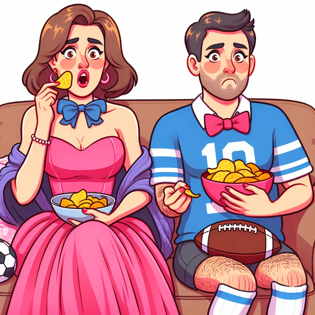 An image of two men, one in a woman's body wearing lingerie and the other in a man's body, sitting on a couch watching a football game and eating chips, with expressions ranging from bemusement to amusement.