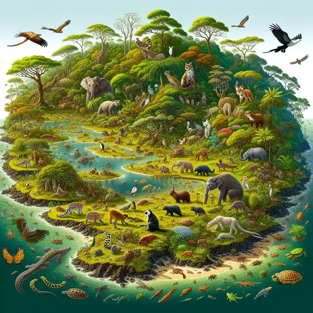 A digital image depicting a lush, vibrant island ecosystem with diverse habitats, including forests, wetlands, savannahs, and rocky hills. Various animal species populate the island, including primates like agile gibbons and ring-tailed lemurs, carnivores like Asian small-clawed otters, fennec foxes, and fishing cats, herbivores like smaller Asian elephants, pygmy hippopotamuses, and tree kangaroos, parrots like keas and eclectus parrots, raptors like Philippine eagles and ospreys, waterfowl lik