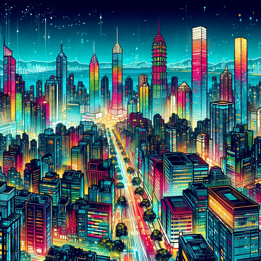 A colorful cityscape with tall skyscrapers, bustling streets, and vibrant lights illuminating the night sky.