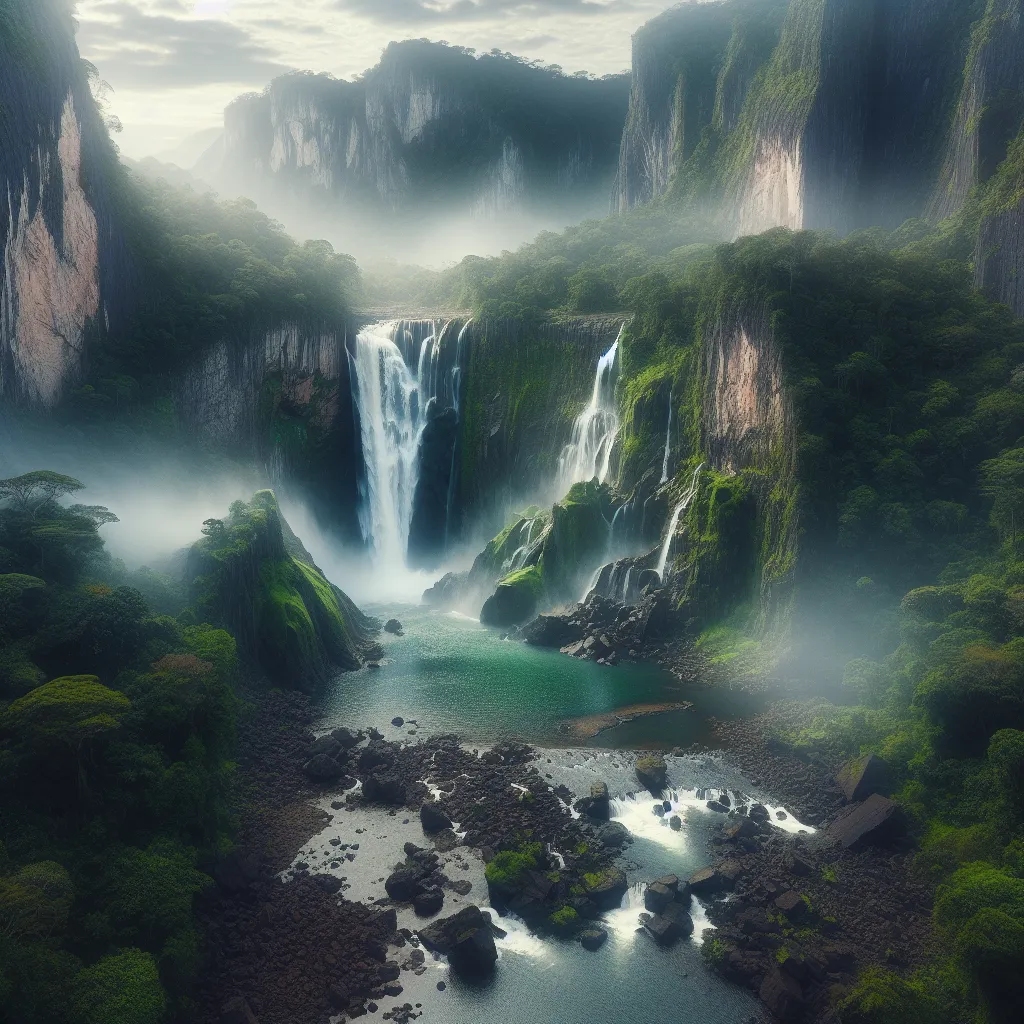 A majestic waterfall cascades down rugged cliffs into a crystal clear pool of water below, surrounded by lush greenery and mist.