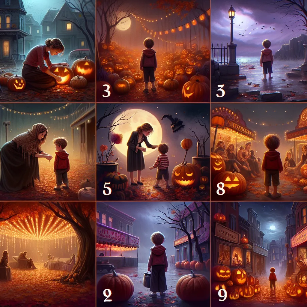 A series of numbered scenes detailing Theo's Halloween night costume swap with his mother, Sophia, as Sophia navigates the sudden disappearance of her son. The images progress from Theo's initial transformation to Sophia's desperate search, ending with her enduring love for Theo and annual Halloween rituals in his honor.