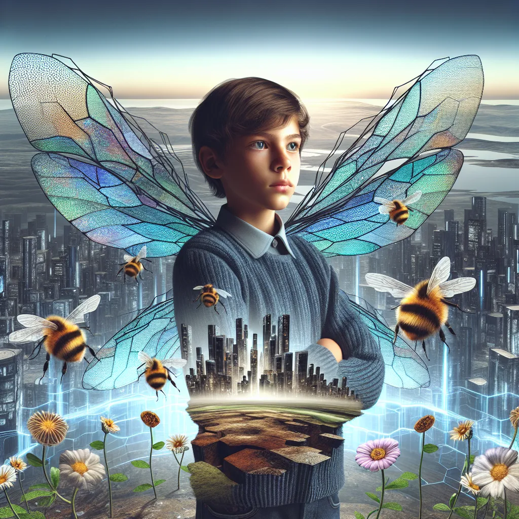 An image of Kai, the bee boy, with iridescent wings folded behind him, standing in a technologically advanced cityscape with a sense of determination and purpose. The city floats above a desolate Earth, showcasing the contrast between the futuristic sky city and the devastated land below. Bees and flowers can be subtly incorporated into the image, symbolizing Kai's connection to the natural world and his role in restoring the balance between humanity and the environment.