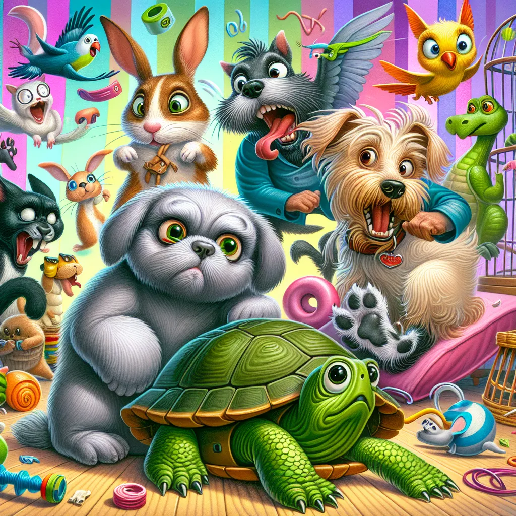 The image will depict a whimsical and colorful scene from an episode of "Littlest Pet Shop: A World of Our Own" titled "Hypno-Hilarities." The illustration will feature the main characters, including Trip the mischievous hamster, Quincy the easily-frightened roommate, Roxie the energetic terrier, Bev the dramatic turtle, Edie the fashionable parakeet, and Jade the sassy cat, engaged in various funny antics as they fall under Trip's playful hypnotic spells. The pets will be shown in humorous situ