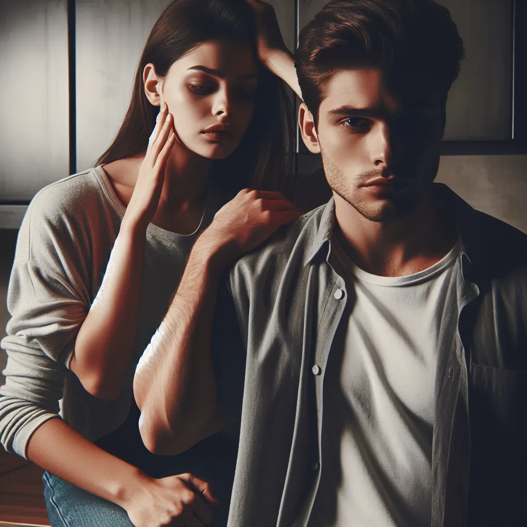 The image accompanying this story could be a depiction of a young couple in a dimly lit kitchen. The protagonist, Jonathan, stands tall and protective, his expression determined. Kate, on the other hand, is seen in a vulnerable state, rubbing her temples in pain. The image portrays the tension and uncertainty of their situation, hinting at the internal struggle and identity issues that they must face together.