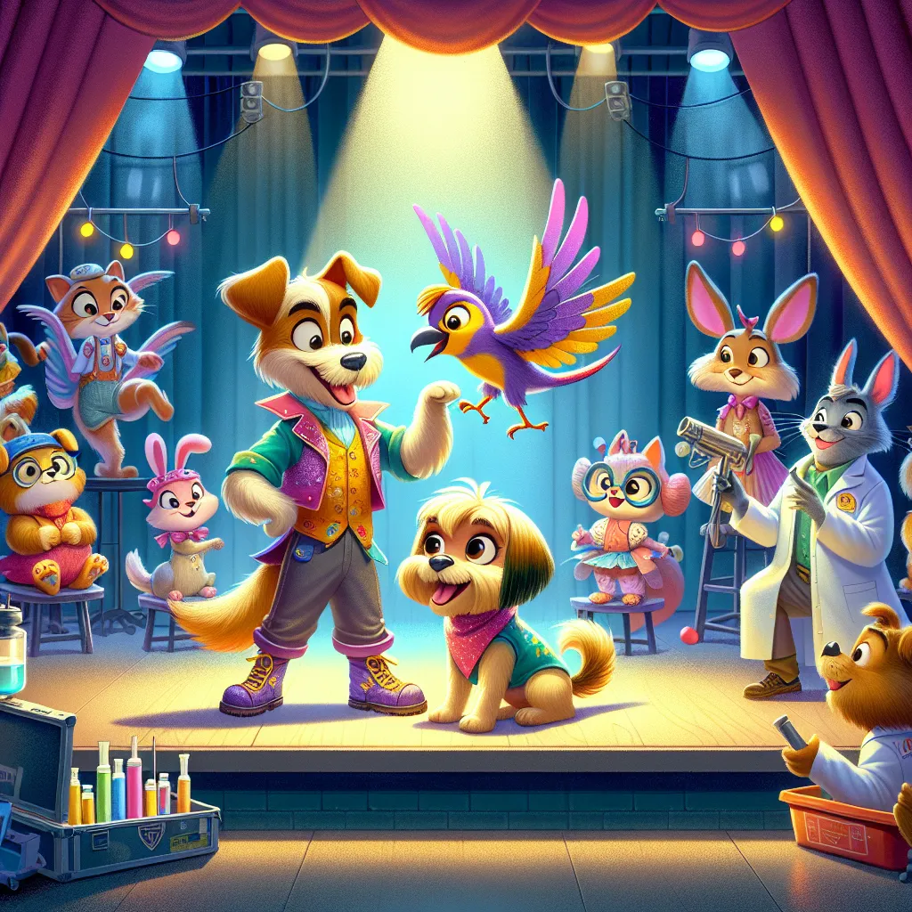 A colorful theater stage scene from Littlest Pet Shop: A World of Our Own featuring Edie von Keet in a terrier dog’s body and Roxie McTerrier in a bird’s body, performing paws and feathers in an energetic, playful dog-themed play. Around them, friends in various pet costumes watch backstage with amused expressions, and a quirky scientist mouse adjusts a glowing body-swap device nearby. The mood is lively, whimsical, and full of friendship and theatrical fun.