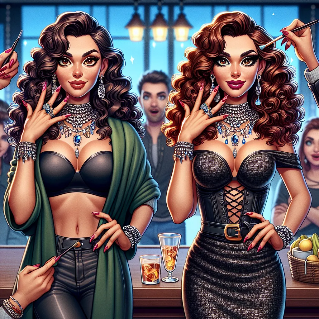 Description: An image depicting a transformed character, "Jacqueline," with curly brunette hair, striking makeup, and elaborate nails, striking a confident pose. She is wearing a trendy outfit and accessorized with statement jewelry. The background showcases a bar setting, with other characters in awe of Jacqueline's transformation. The image captures the humorous and adventurous tone of the story.