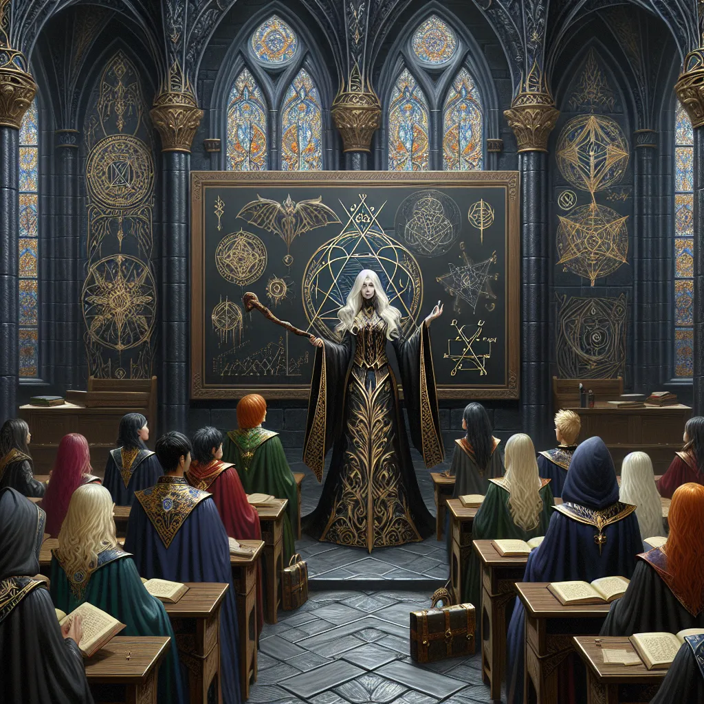 A fantasy image of Magik lecturing in a gothic-style classroom at Dr. Strange's School of Mystic Arts, with students in enchanted robes listening attentively as she teaches about the dimensions of hell with a chalkboard full of arcane symbols in the background.