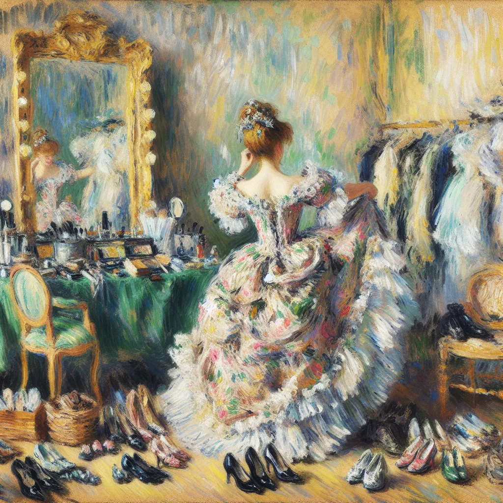 Transformation, Character, Shoes, Dress, Makeup in the style of Monet