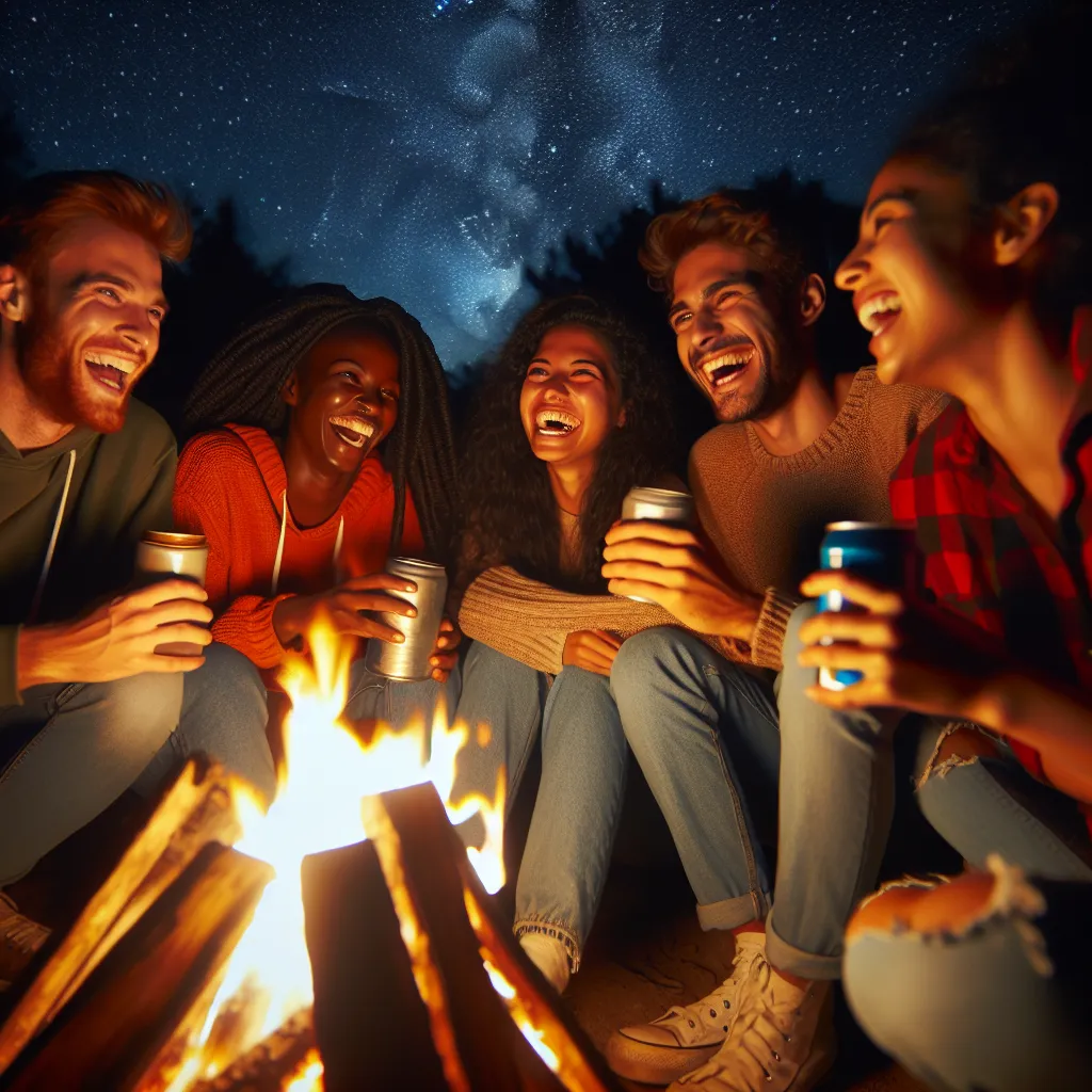 A group of friends sitting around a campfire at night, sharing stories and enjoying each other's company.