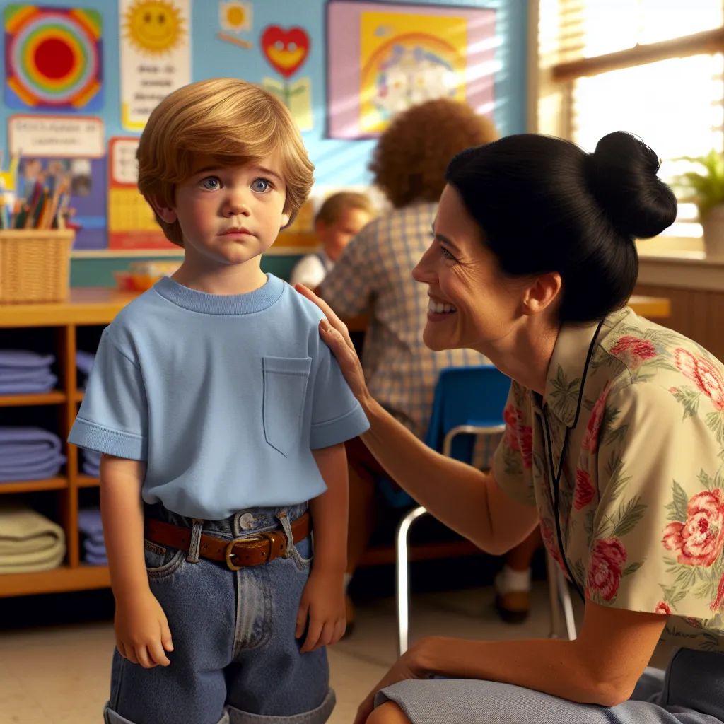 The image should depict a young boy named Owen, 4 years old, with sandy blond hair, crystal blue eyes, and wearing a sky-blue t-shirt, denim jeans, and light-up shoes. Owen stands nervously in a bright classroom filled with colorful posters and a shelf of folded nap mats. Mrs. Lewis, the teacher, a mid-forties woman with jet black hair in a bun and wearing a floral t-shirt and shorts, kneels beside Owen, comforting him with a gentle smile. The scene captures the moment of connection between Owen