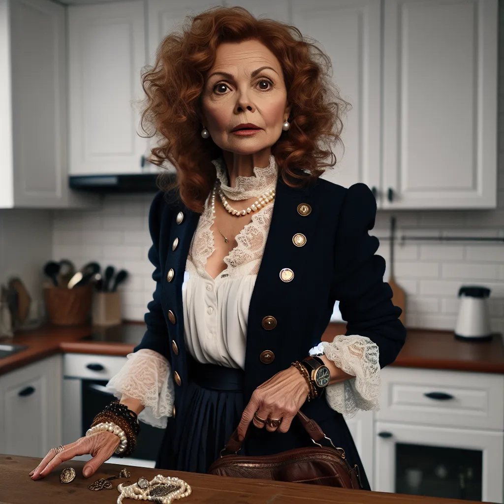 An image of a middle-aged woman, Martha, with auburn curly hair, wearing a navy blue blazer with gold buttons and a white lace-trimmed blouse. She is standing in her kitchen, holding her purse with jewelry scattered on the counter. Her feet, transformed into feminine older feet, are adorned with black flip flops. The image is filled with a sense of confusion and acceptance as Martha grapples with memories that are fading away and the discovery of her transformed identity.