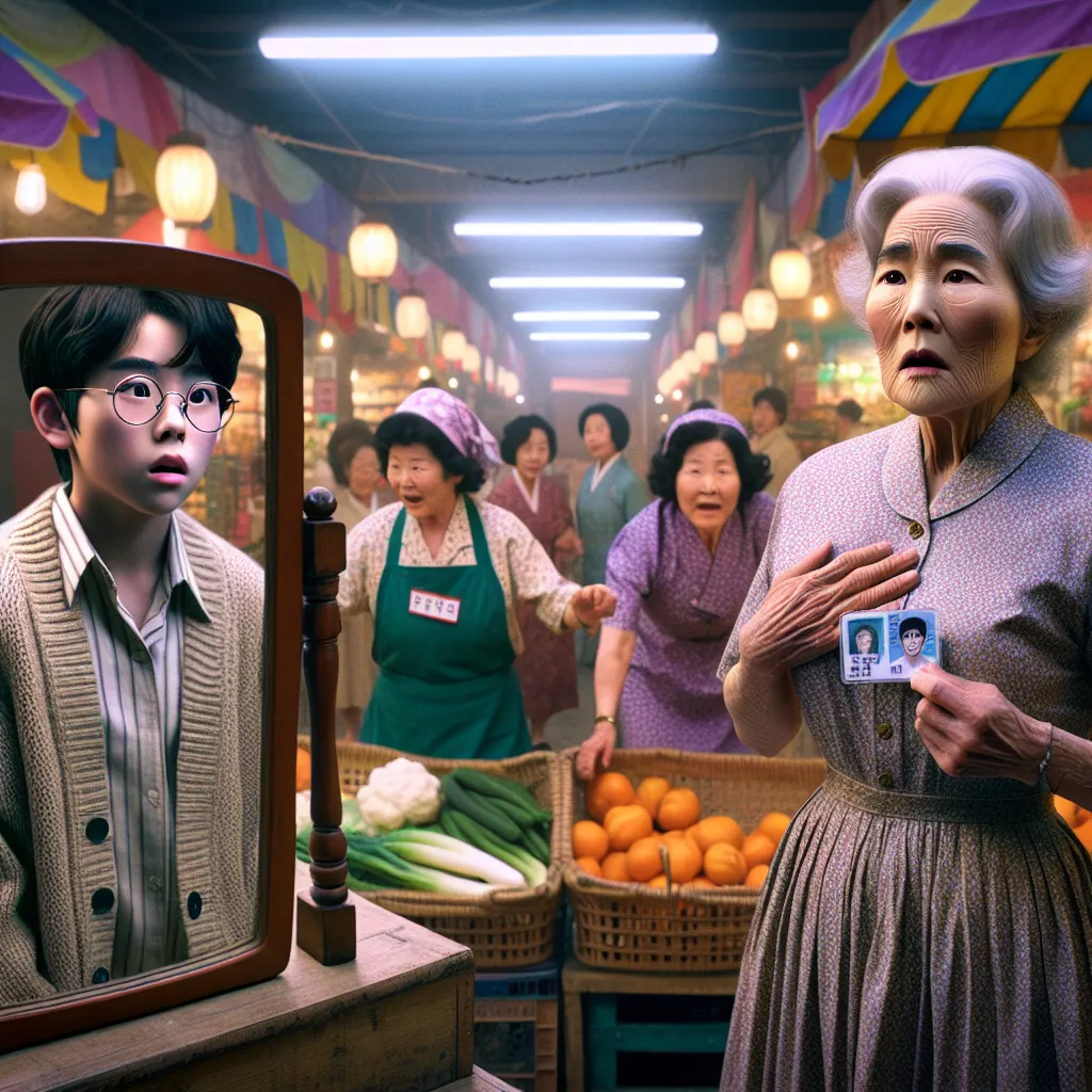 A young boy named Caleb Jameson gets mysteriously transformed into an elderly Korean woman named Park Sook-ja while shopping with his mother and grandmother. With a look of shock and confusion, Caleb, now in Sook-ja's body, stands in disbelief as he grapples with his new appearance in a mirror, realizing he no longer looks like himself. Surrounded by a group of Korean women discussing groceries in their native language, Caleb struggles to comprehend the situation, holding an ID card with Sook-ja
