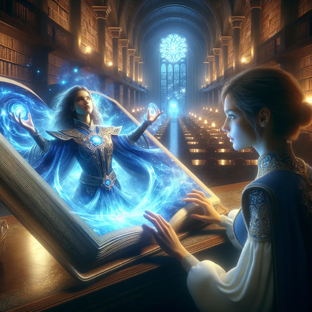 A young mage holds an ancient tome called The Codex of What-If in a grand library. As she opens the book, its pages glow with a mesmerizing blue light, revealing alternate realities and untold possibilities. Standing before her is another version of herself, radiating power and wisdom. The image depicts the moment of discovery and the duality of the two Elowens, capturing the essence of curiosity and the limitless potential of the story.