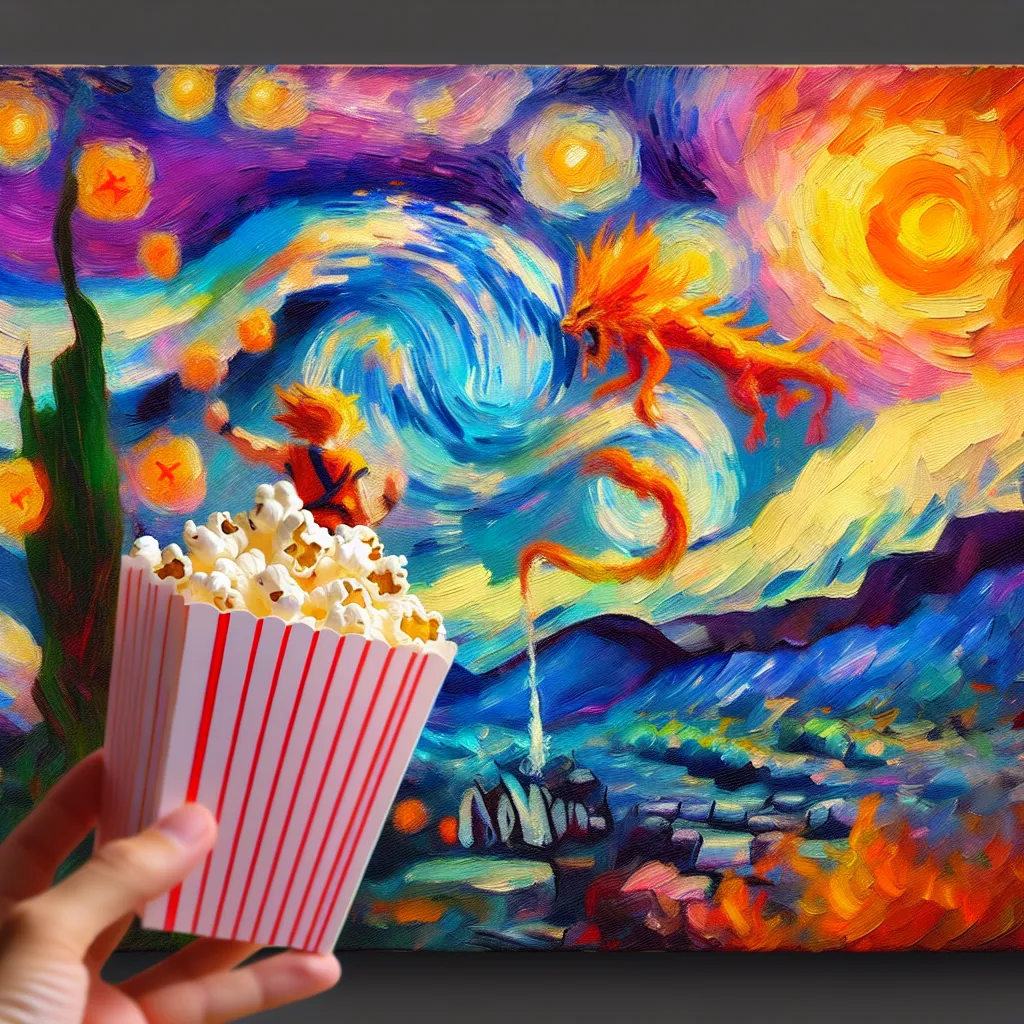Binge-watch, Dragon Ball, Popcorn, Transformation, Intimacy in the style of Monet