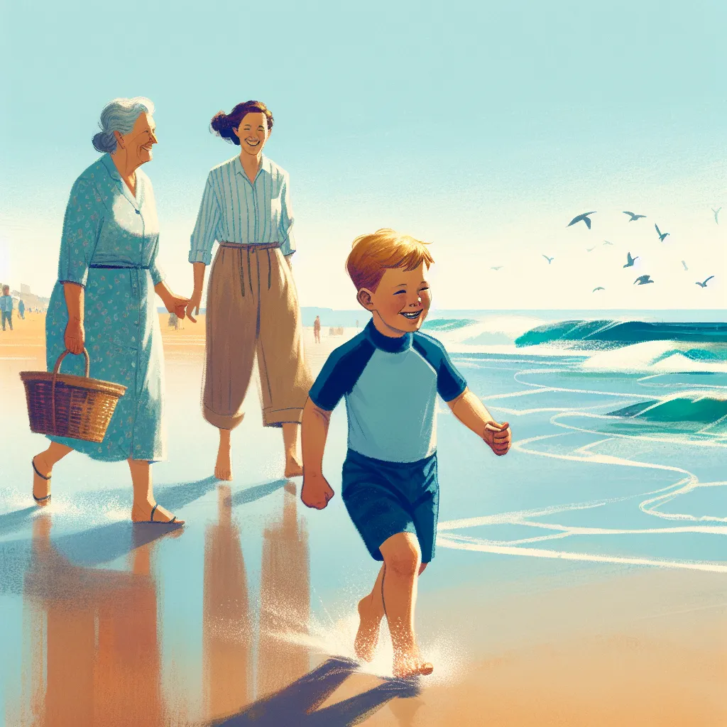 A small boy named Oliver wears a blue swimsuit and runs joyfully at the beach with his mother and grandmother.