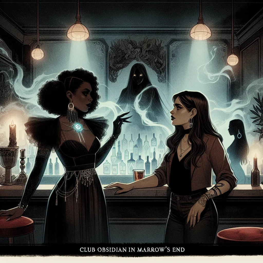 A mysterious club owner, Jada, navigates the shadowy world of Club Obsidian in Marrow's End, where secrets and supernatural beings abound. A woman, Clara, seeking her missing cousin, Edith, visits Jada, sparking a dangerous revelation of family betrayal and vampiric threats. As Jada delves deeper into the mystery, she uncovers a deadly game of survival in the city's dimly lit corners.